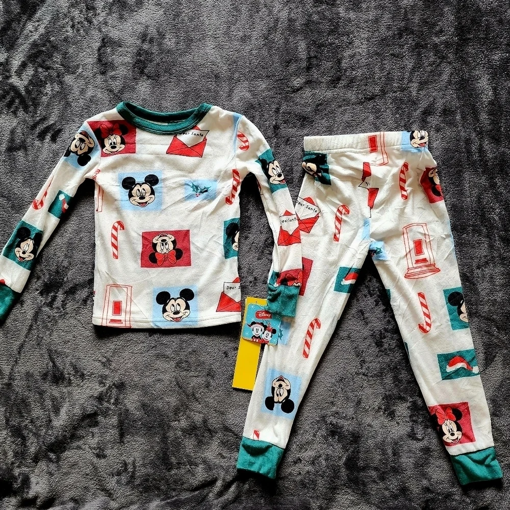 NWT Kids' Christmas Disney Mickey Minnie Mouse 2pc Snug Fit Pajama Set Size 4 10